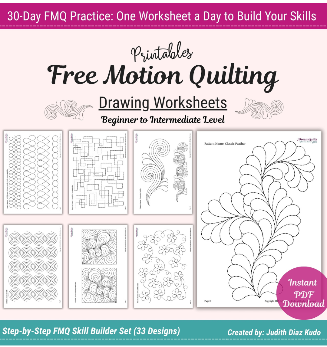 A preview of quilting patterns like meandering, feathers and swirls on paper worksheets.